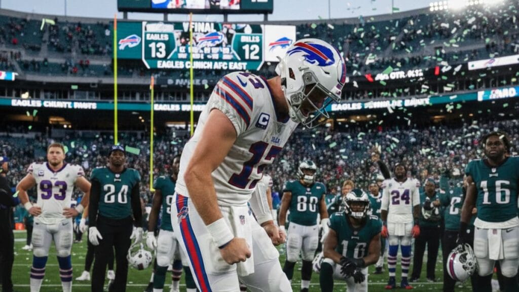 Buffalo Bills Quarterback Josh Allen Walks Off The Field In Disappointment After A Failed Two Point Conversion Attempt Against The Philadelphia Eagles, Sealing The End Of The Bills' Five Year Reig