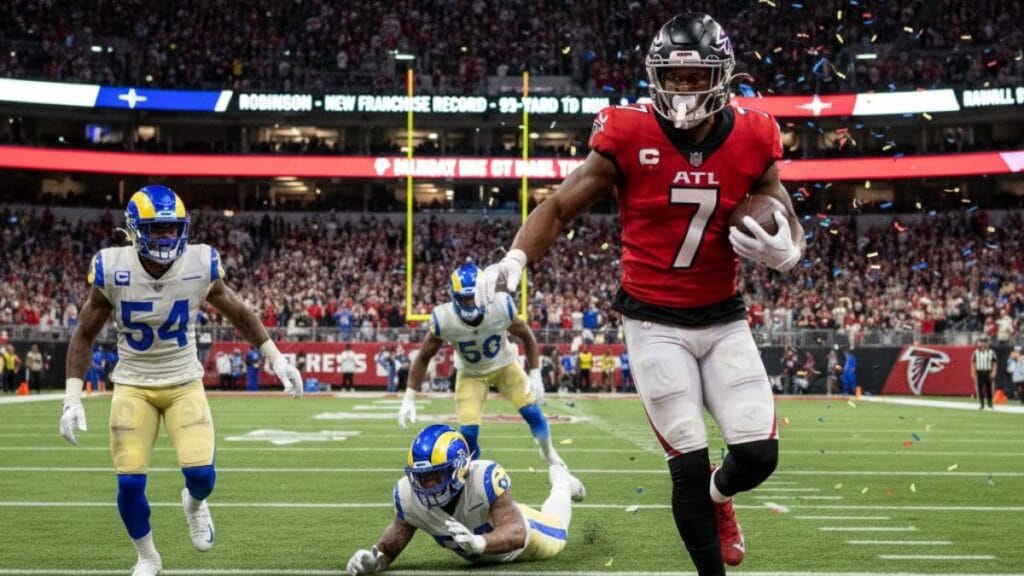 Falcons Running Back Bijan Robinson (7) Breaks Free From The Rams Defense During His Record Setting 93 Yard Touchdown Run On Monday Night.