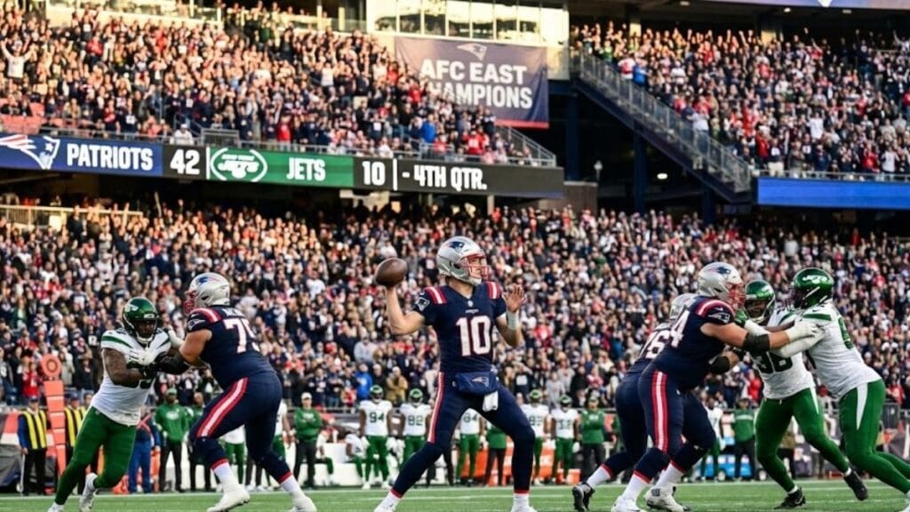 New England Patriots Quarterback Drake Maye Looks To Pass During The Patriots' Dominant 42 10 Victory Over The New York Jets, Clinching The Afc East Title