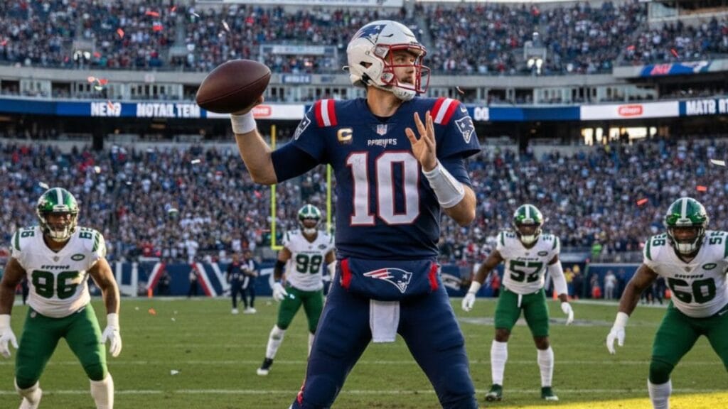Patriots Quarterback Drake Maye Scans The Field During His Historic Five Touchdown Performance Against The New York Jets On Sunday