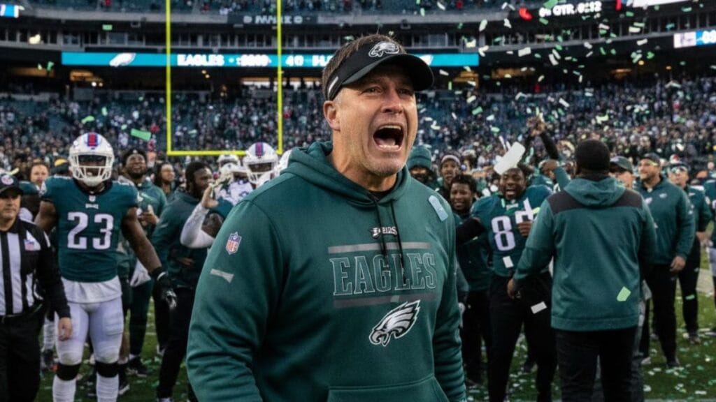 Philadelphia Eagles Head Coach Nick Sirianni Reacts Emotionally On The Sideline During The Closing Moments Of The Eagles' Tight 13 12 Victory Over The Buffalo Bills At Highmark Stadium