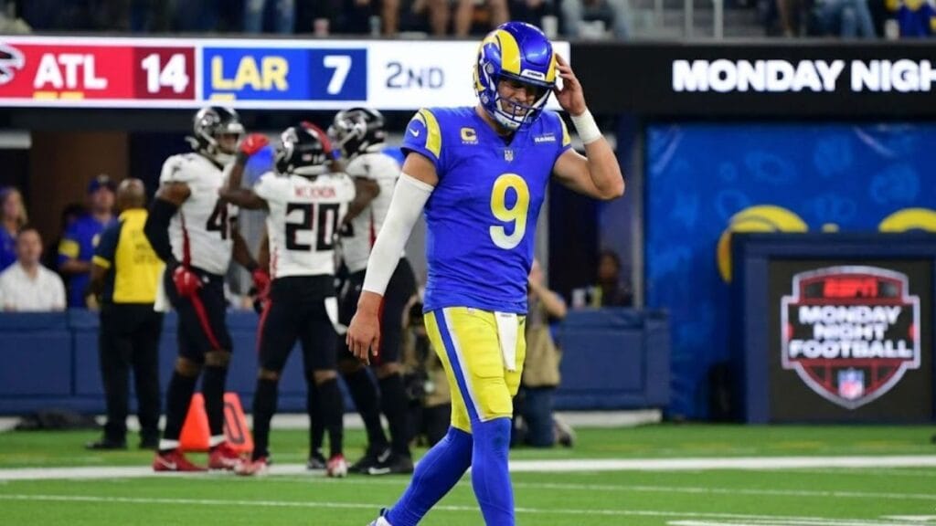 Rams Quarterback Matthew Stafford Reacts After Throwing An Interception During The First Half Of Monday Night's Loss To The Atlanta Falcons.