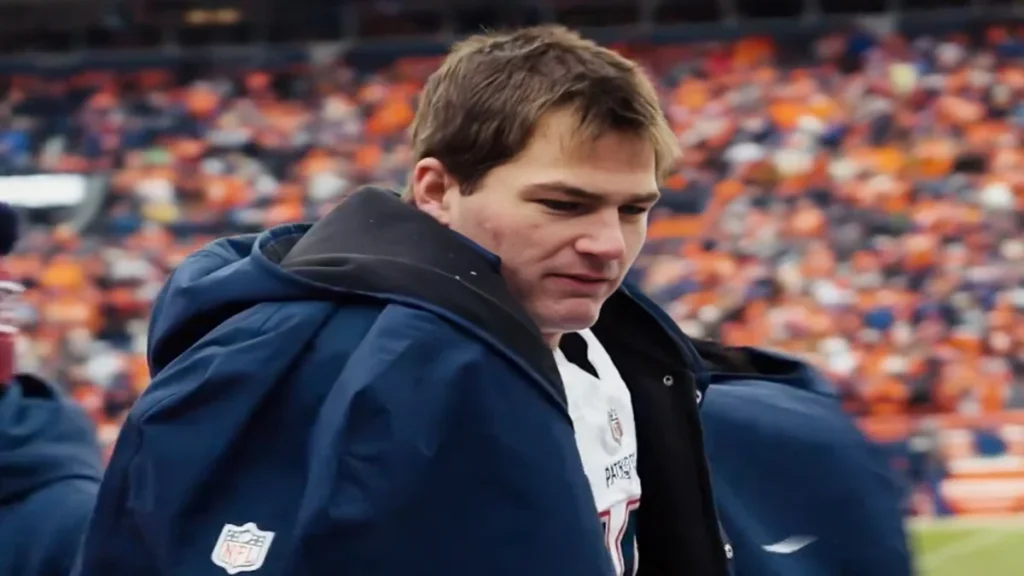 drake maye walking on the field during the afc championship game in denver.