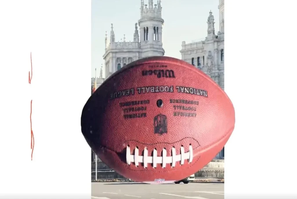 an nfl football on the field at santiago bernabéu stadium in madrid with 2026 branding, surrounded by a packed crowd